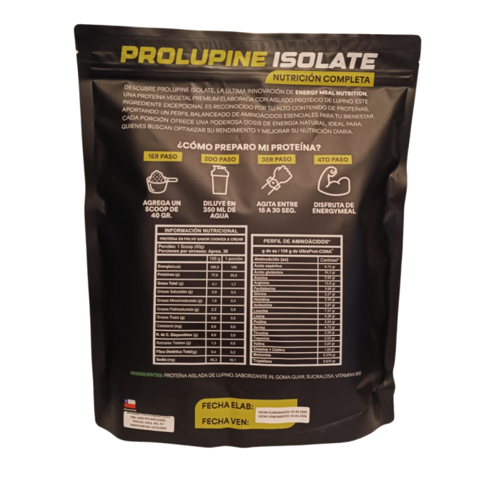 proteína vegetal cookies and cream, batido proteico sin lactosa, suplemento proteico vegano, proteína funcional, proteína saborizada saludable, Energy Meal Nutrition, Aislado Proteico de Lupino, proteína vegetal Chilena